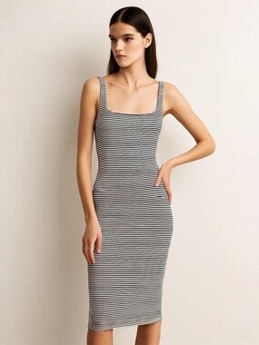 Zara Trafaluc Stretch Sleeveless Striped Black White Square-Neck Midi Dress
